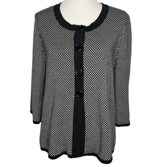 Vintage Pine Needles Black White 3/4 Sleeve Cardigan‎ Size Large - Picture 1 of 9